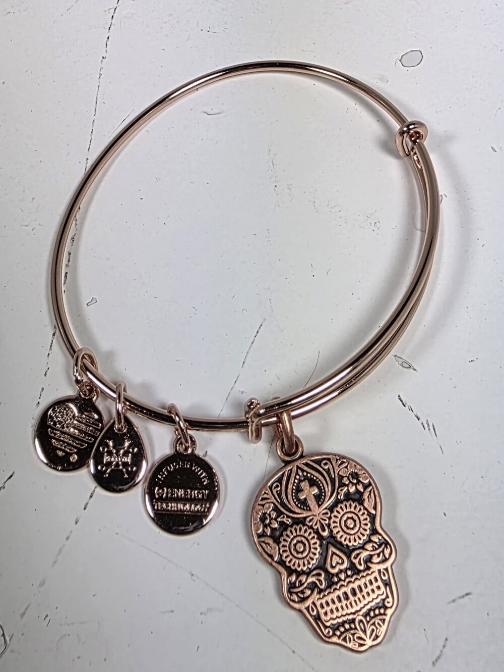 Alex and Ani Rose Gold Sugar Skull Charm Bangle Bracelet